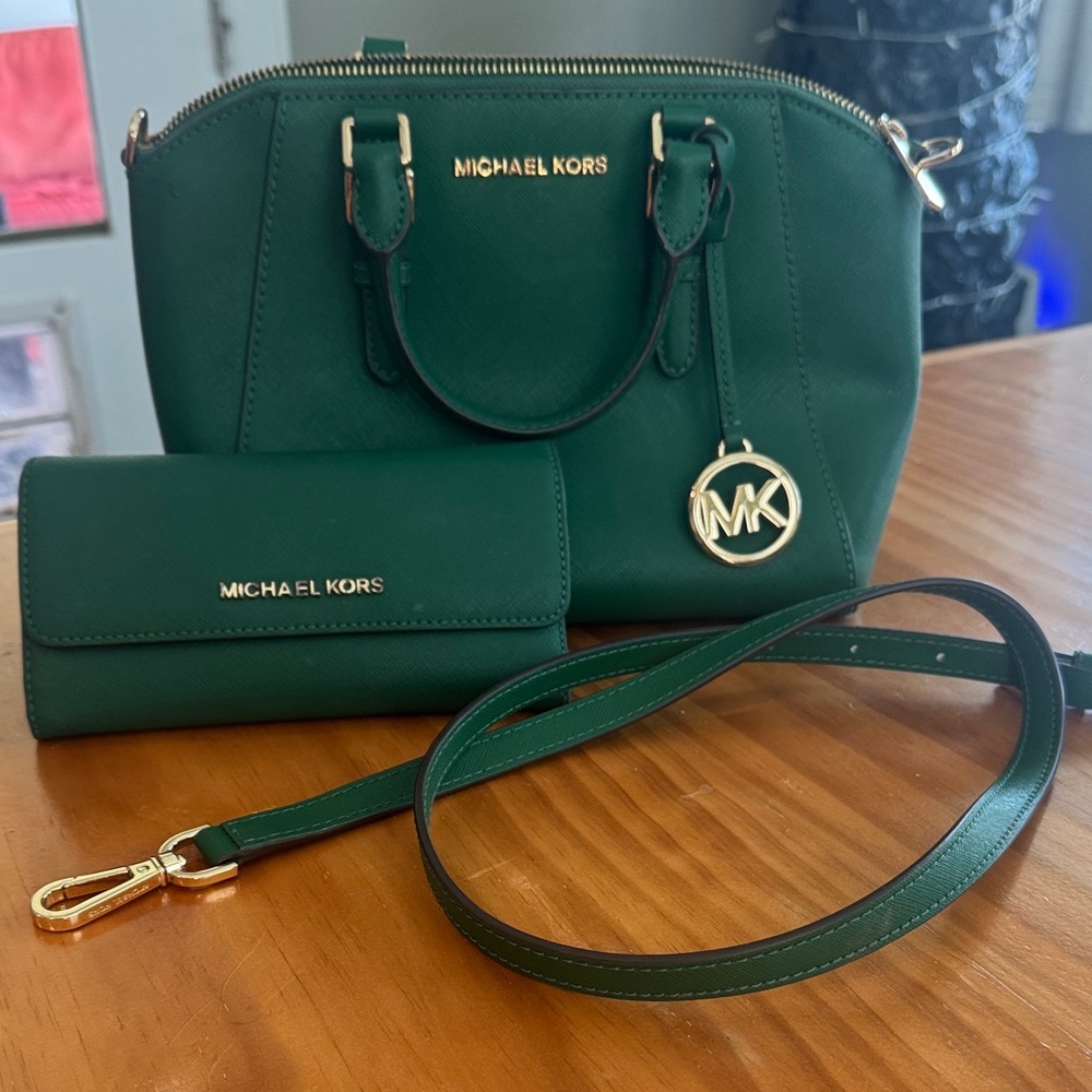 Michael Kors Dark Green Purse Bag and Wallet Set